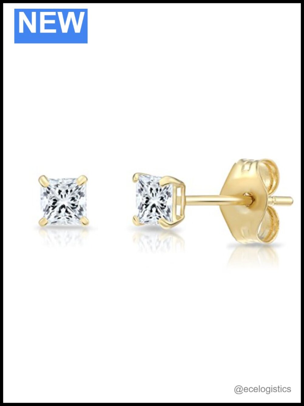 Solid 14k Yellow Gold Square Solitaire CZ Stud Earrings for Men and Women